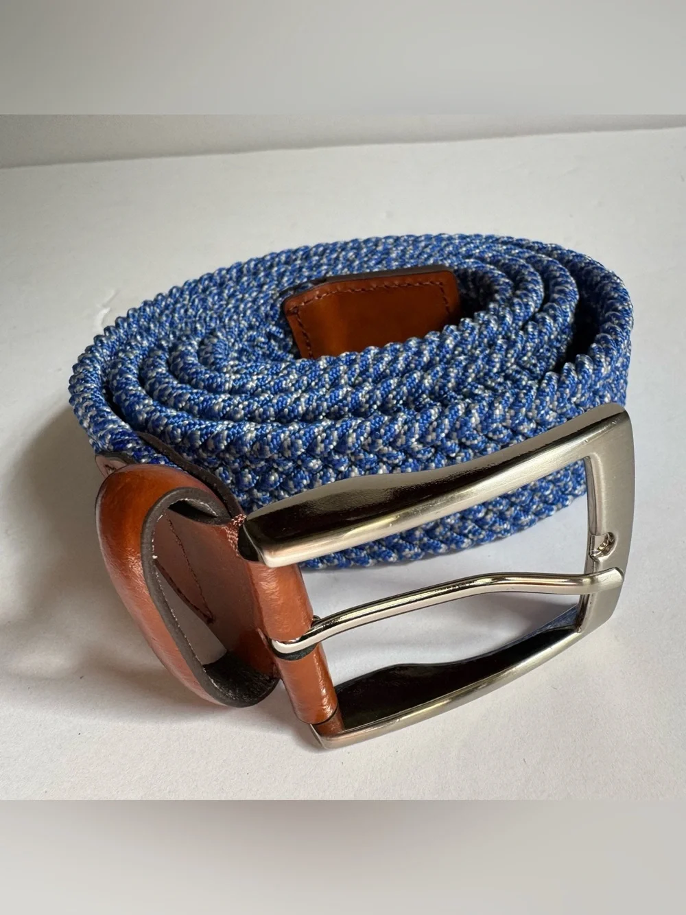 Italian Leather Woven Braided Stretch Belt Blue Brown 40 Casual Golf